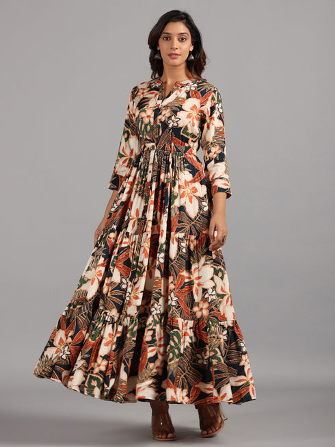 Amchoor Navy Floral Printed Fit And Flare Dress