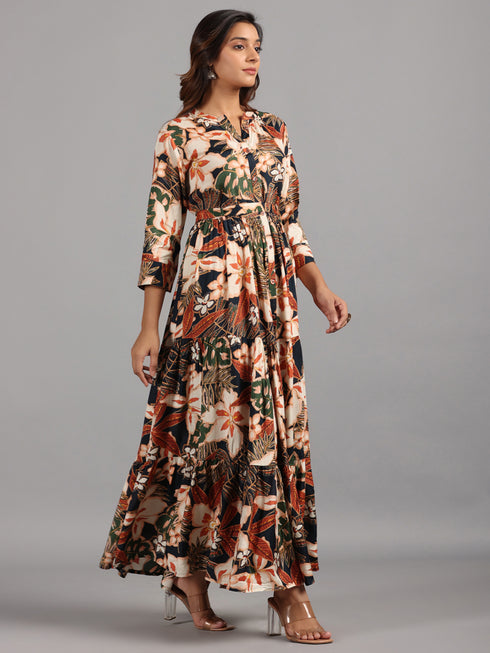 Amchoor Navy Floral Printed Fit And Flare Dress