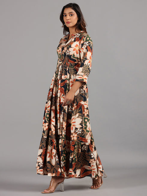 Amchoor Navy Floral Printed Fit And Flare Dress