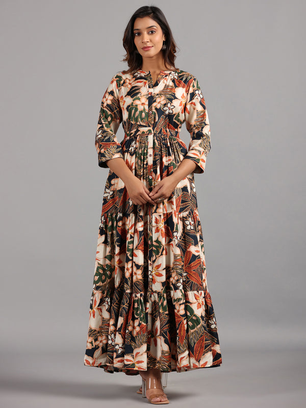 Amchoor Navy Floral Printed Fit And Flare Dress
