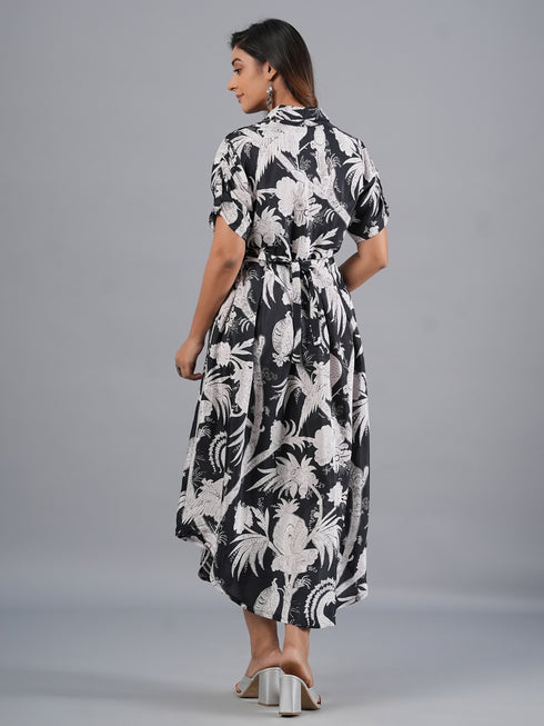 Amchoor Black Botanical Print Kurti Dress