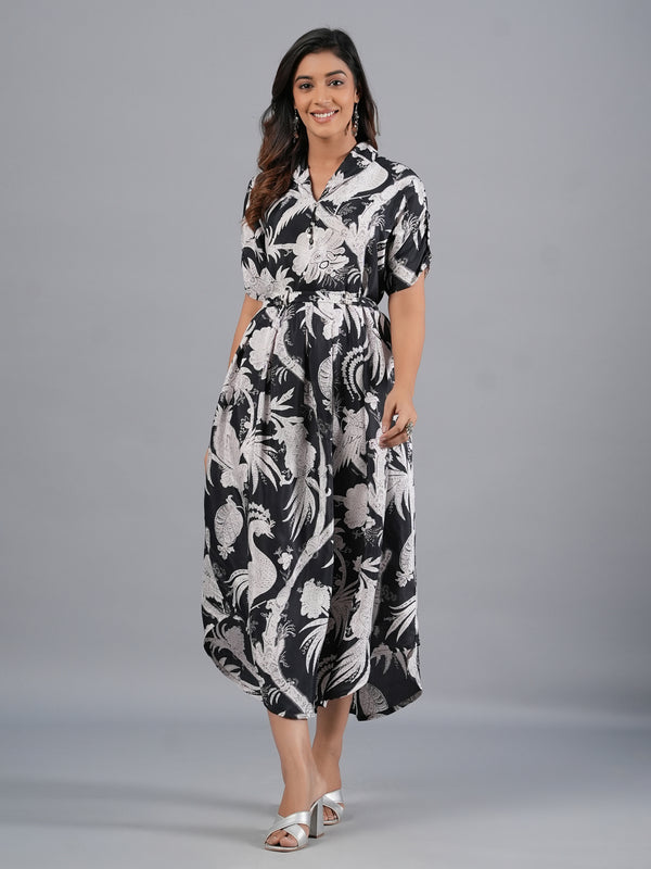 Amchoor Black Botanical Print Kurti Dress