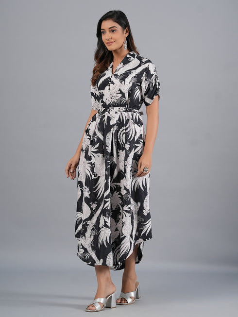 Amchoor Black Botanical Print Kurti Dress