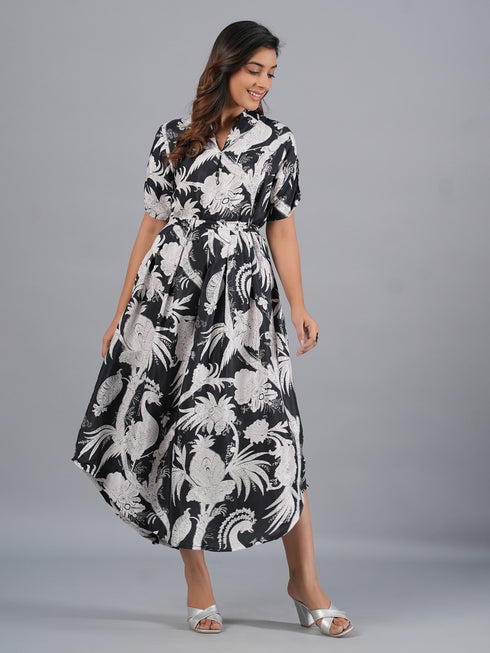 Amchoor Black Botanical Print Kurti Dress