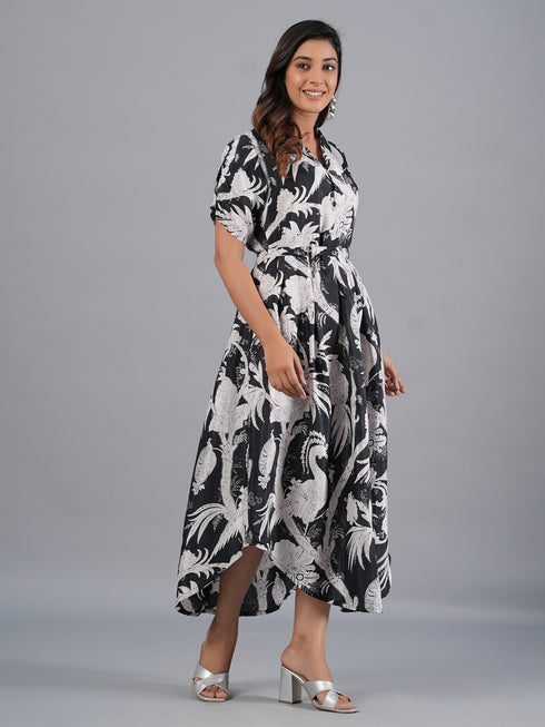 Amchoor Black Botanical Print Kurti Dress