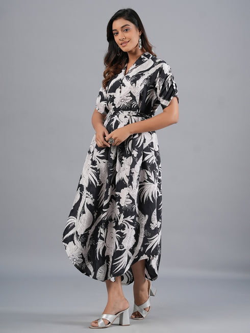 Amchoor Black Botanical Print Kurti Dress