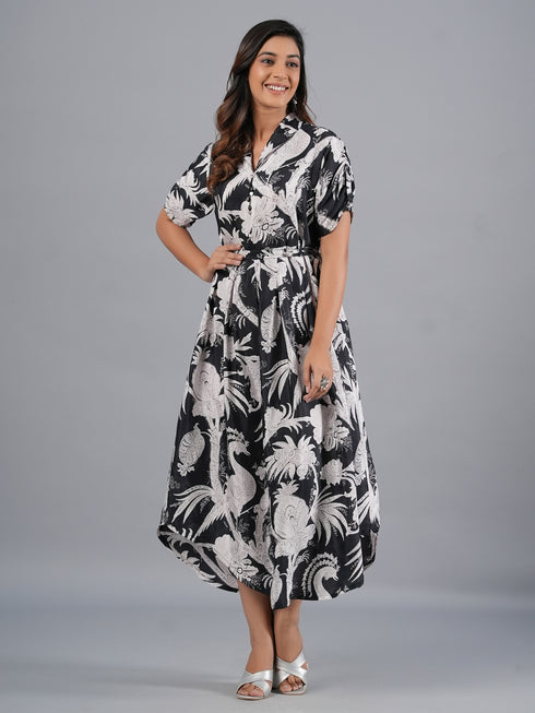 Amchoor Black Botanical Print Kurti Dress