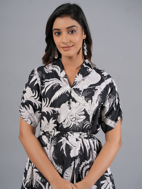 Amchoor Black Botanical Print Kurti Dress