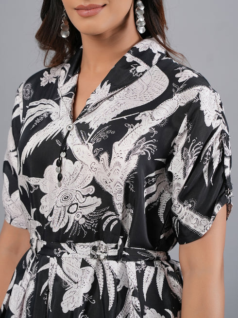 Amchoor Black Botanical Print Kurti Dress