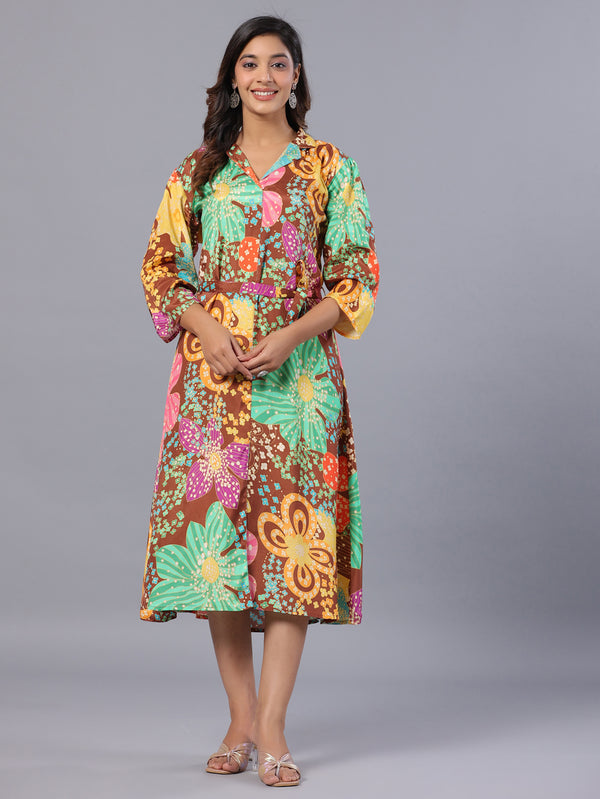 Amchoor Brown Floral Print K-Dress