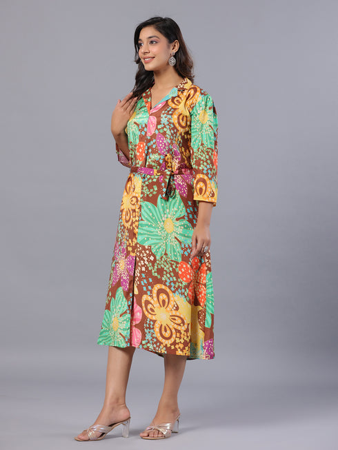Amchoor Brown Floral Print K-Dress