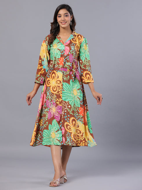 Amchoor Brown Floral Print K-Dress
