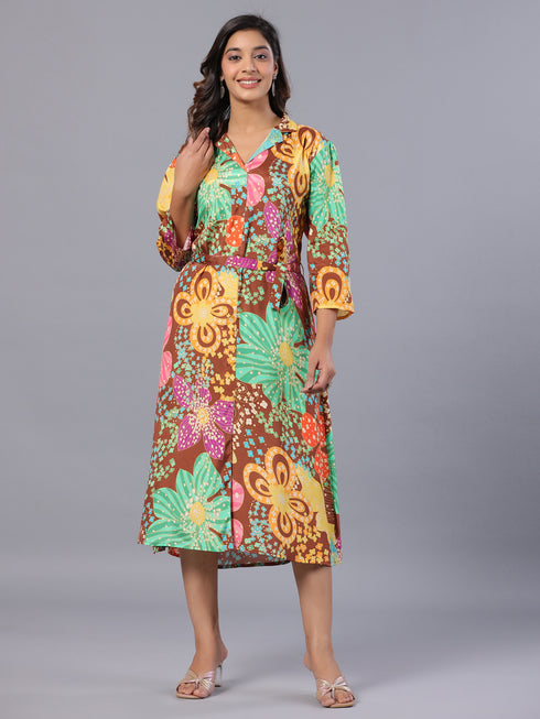 Amchoor Brown Floral Print K-Dress