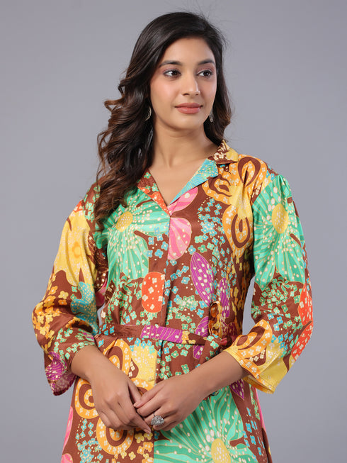 Amchoor Brown Floral Print K-Dress