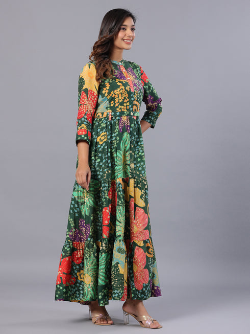 Amchoor Green Floral Print K-Dress