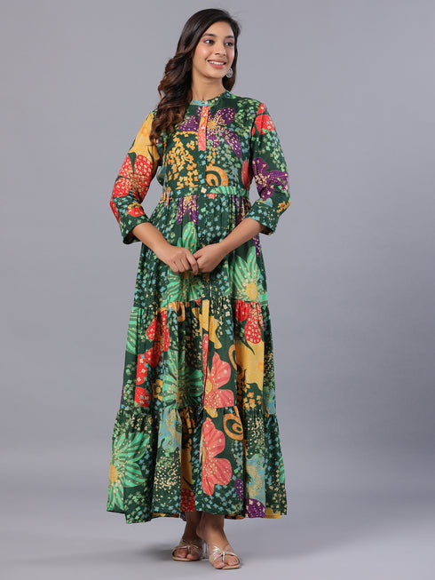 Amchoor Green Floral Print K-Dress