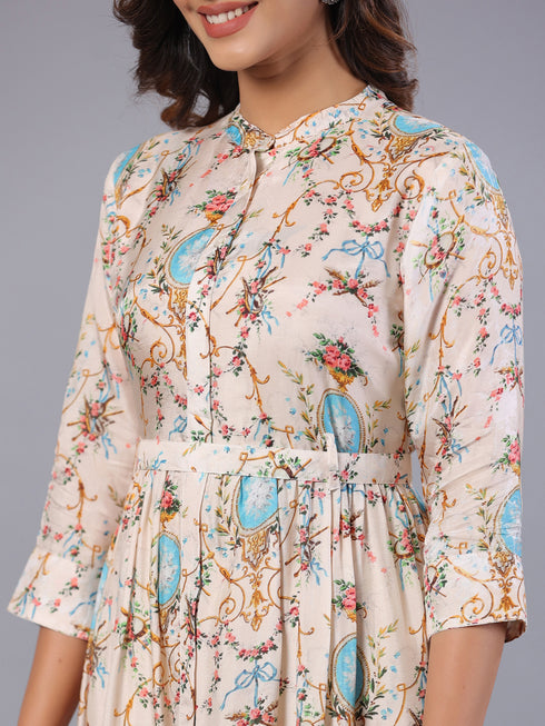 Amchoor Cream Floral Print K-Dress