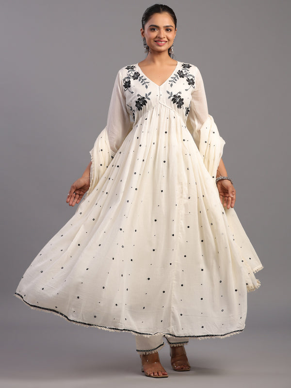 Cream Cotton Mirror Work Embroidered Kurti Set
