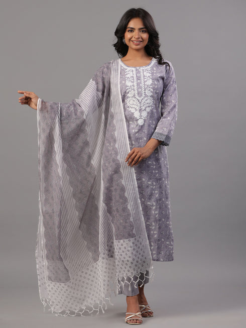 Grey Floral Printed Kurti Set