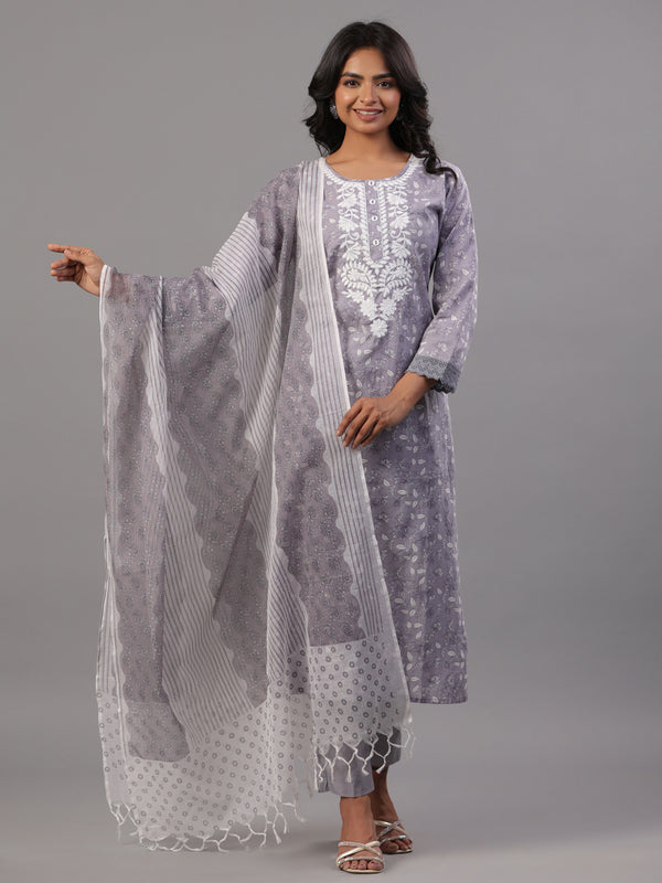 Grey Floral Printed Kurti Set