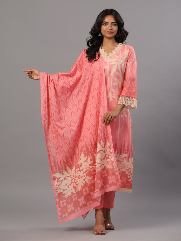 Pink Printed Kurti Set With Lace Detailed