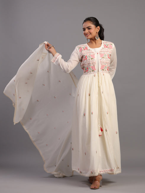 Cream Cotton Embroidered Ethnic Jacket Kurti Set