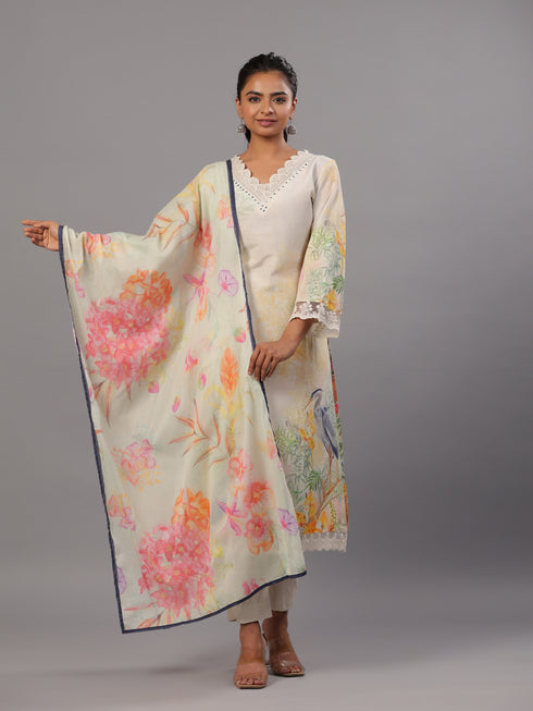 Cream Botanical Print Kurti Set