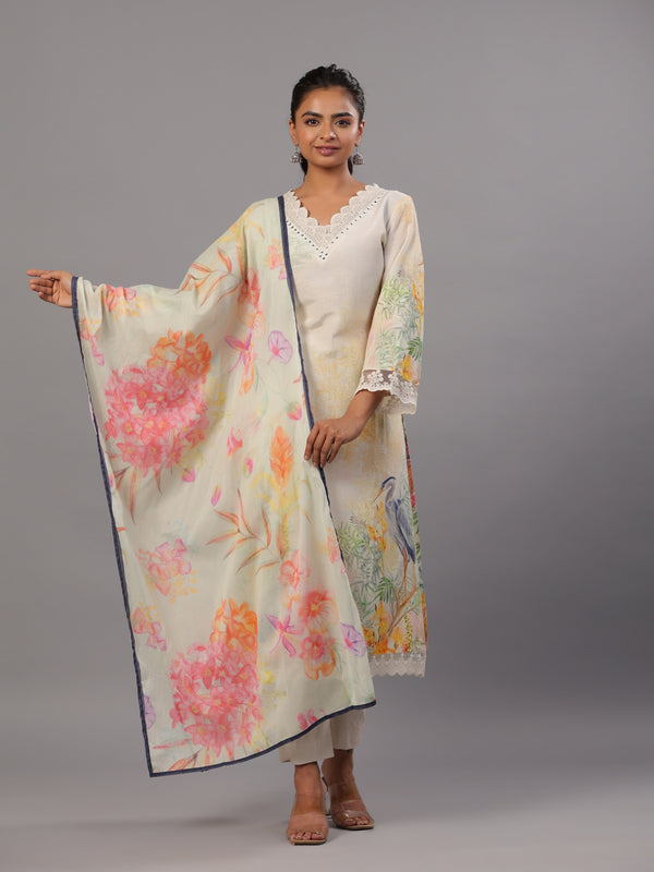 Cream Botanical Print Kurti Set