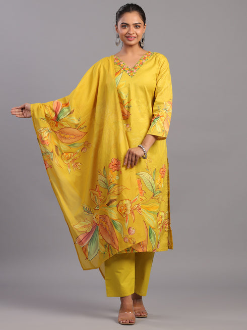 Mustard Cotton Floral Kurti Set