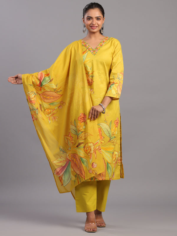 Mustard Cotton Floral Kurti Set