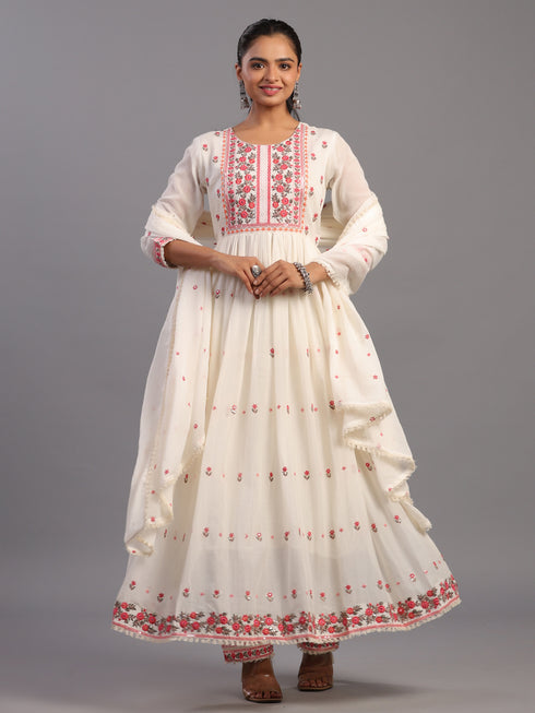 Cream Cotton Mirror Work Embroidered Anarkali Kurti Set