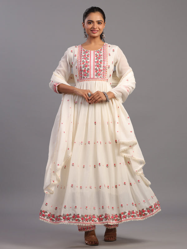 Cream Cotton Mirror Work Embroidered Anarkali Kurti Set
