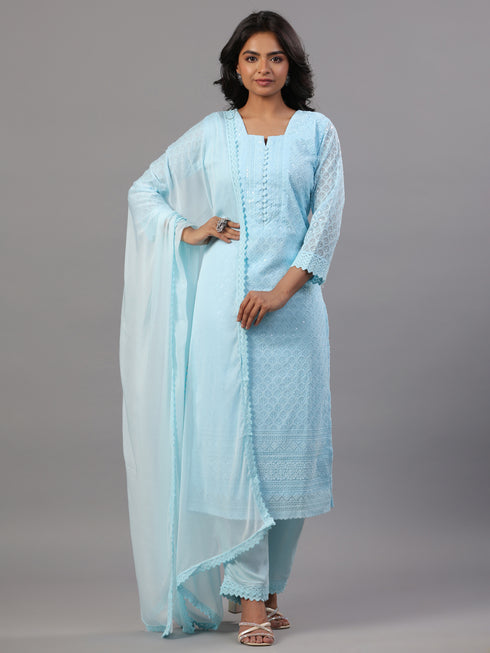 Blue Goergette Embroidered Kurti Set