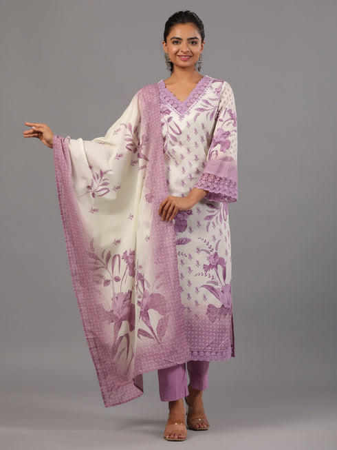 Purple Botanical Print Kurti Set