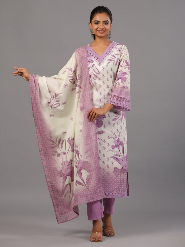 Purple Botanical Print Kurti Set