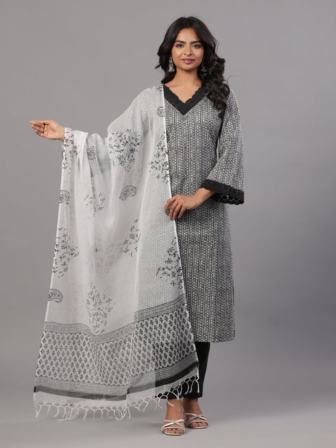 Black Stripped Print Kurti Set