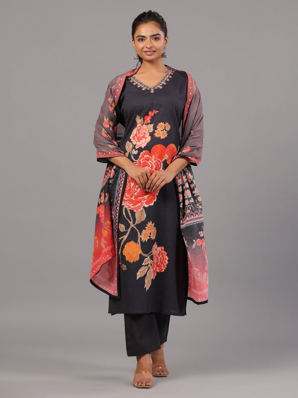 Navy Floral Print Kurti Set