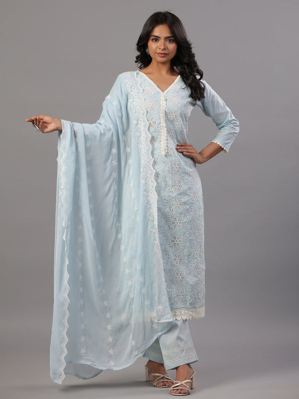 Light Blue Cutwork Embroidered Kurti Set