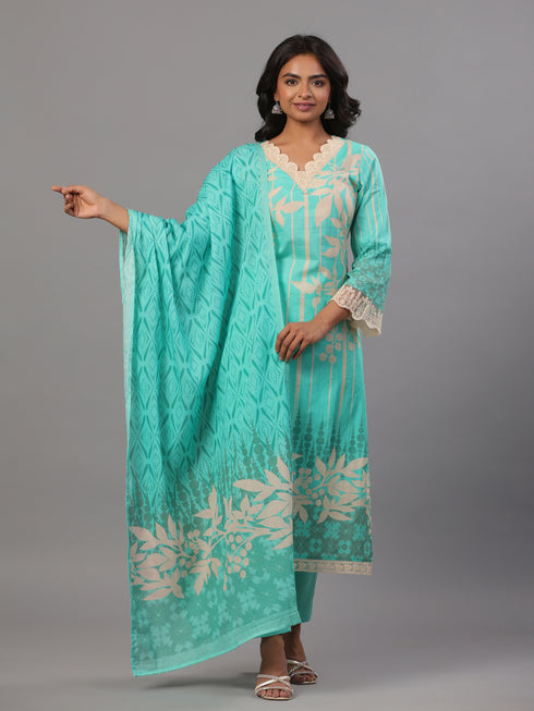 Sea Green Printed Kurti Set With Lace Detailed