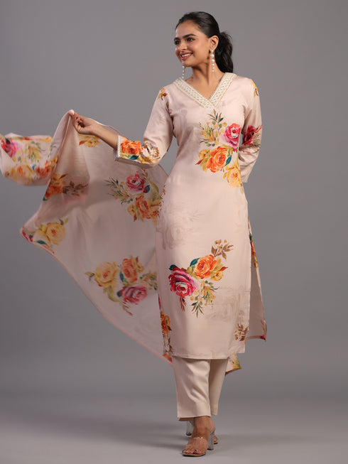 Beige Viscose Rayon Floral Print Kurti Set