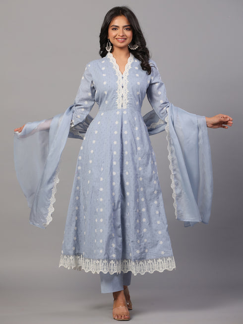 Grey Cotton Embroidered Anarkali Kurti Set