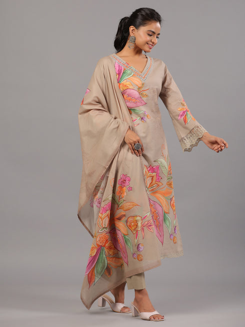Grey Botanical Print Kurti Set
