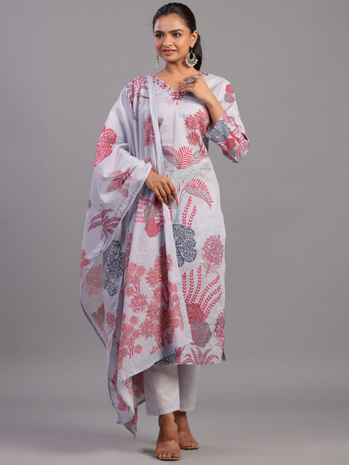 Purple Cotton Blend Botanical Kurti Set