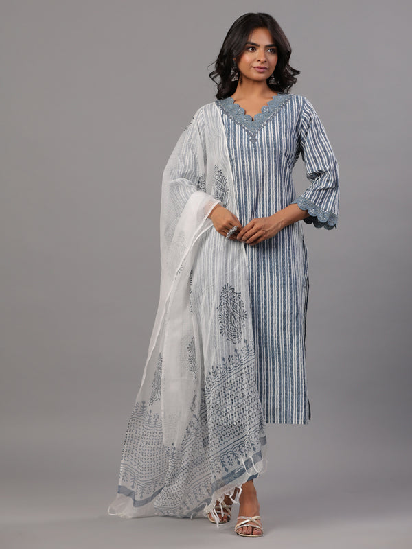 Grey Striped Print Kurti Set