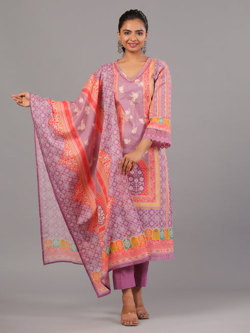 Purple Bandhani Print Kurta Set