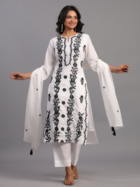 White Embroidered Kurti Set