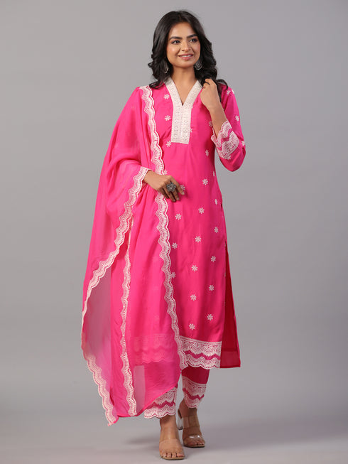 Fuchsia Embroidered Kurti Set