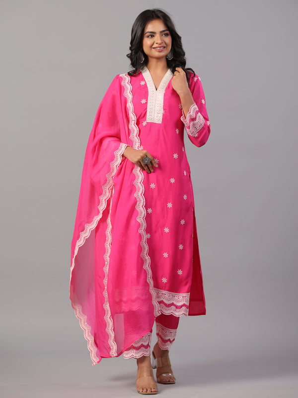 Fuchsia Embroidered Kurti Set