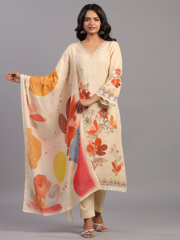 Cream Floral Print Kurti Set