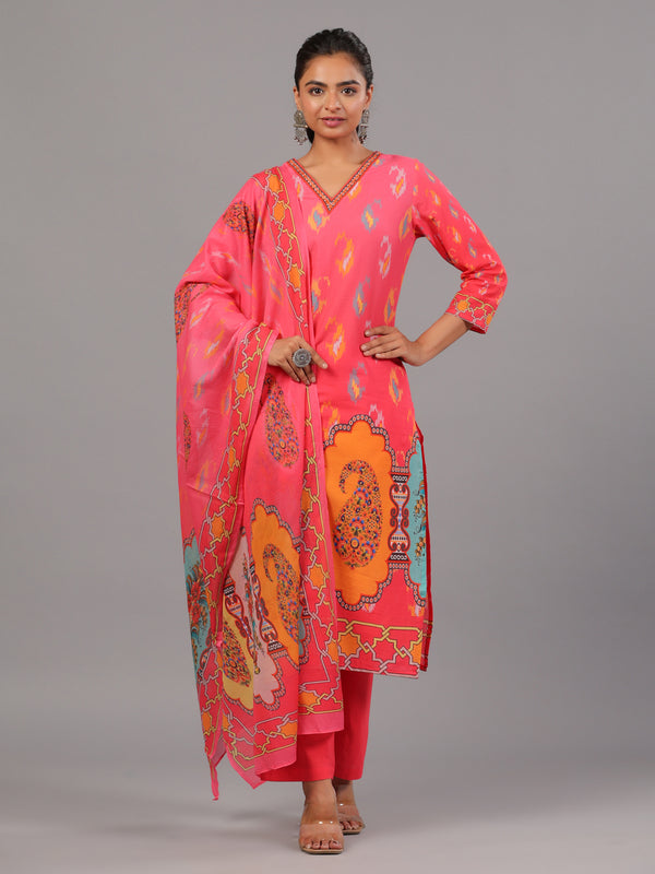 Pink Digital Print Kurti Set With Neck Embroidered